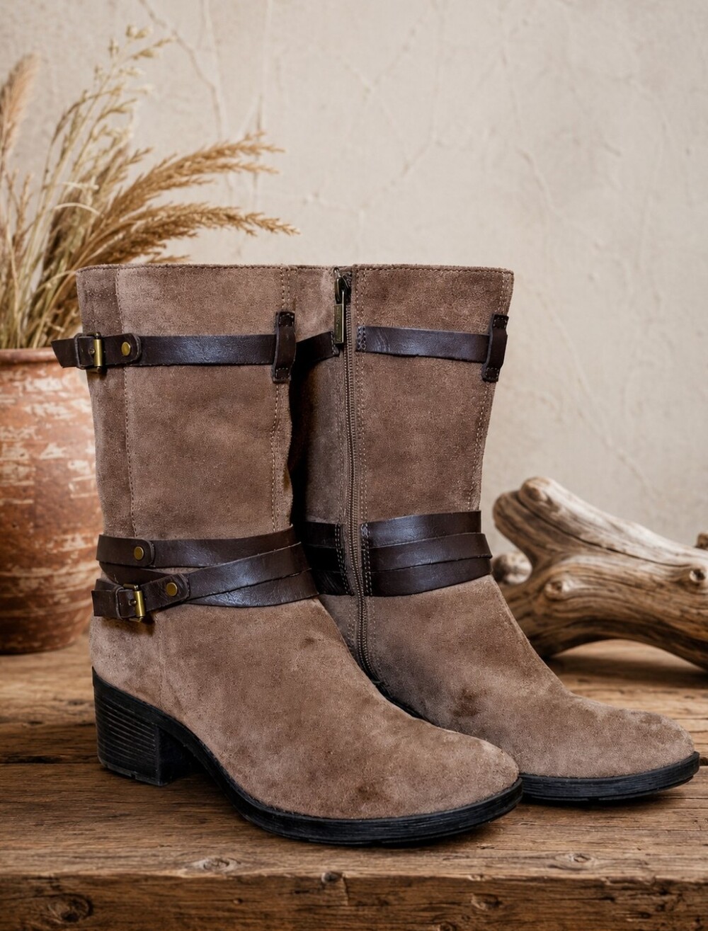 Brown Suede Edgy Mid-Calf Boots with Double Buckle Straps – Size 8.5